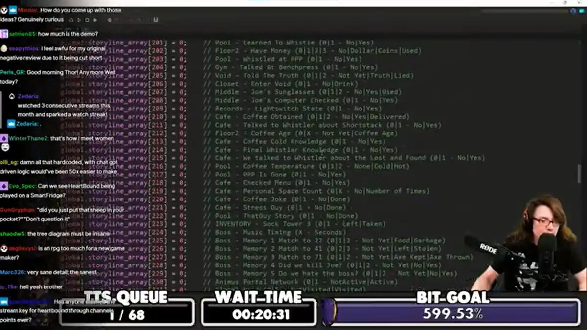 A streamer is shown on the right side of the screen, speaking into a RODE microphone, while the left side displays a chat…