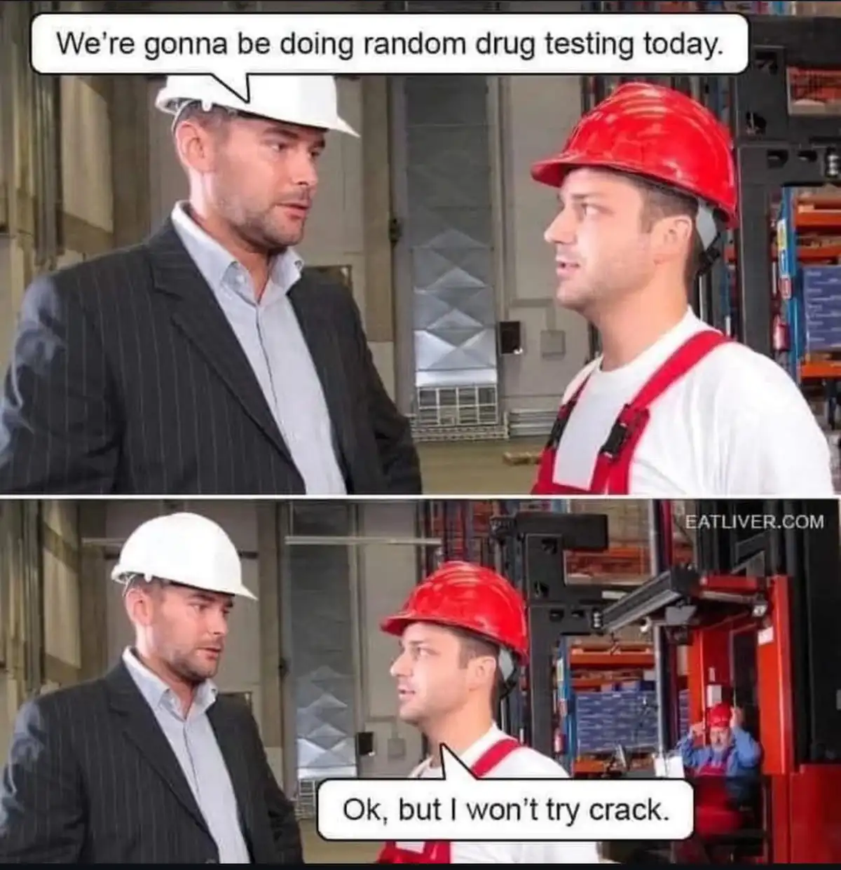Two men in a warehouse setting, one in a suit and white hard hat, the other in a red hard hat and overalls. The top panel…