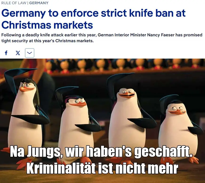 The image shows four animated penguins from 'Madagascar' standing in a row, looking smug and triumphant. Above them is a…