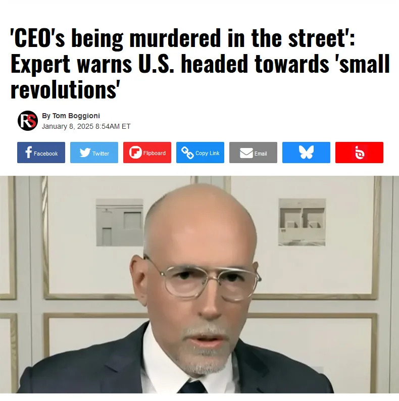 A screenshot of a news article header showing a man in a suit and glasses speaking, with the headline 'CEO's being murdered…