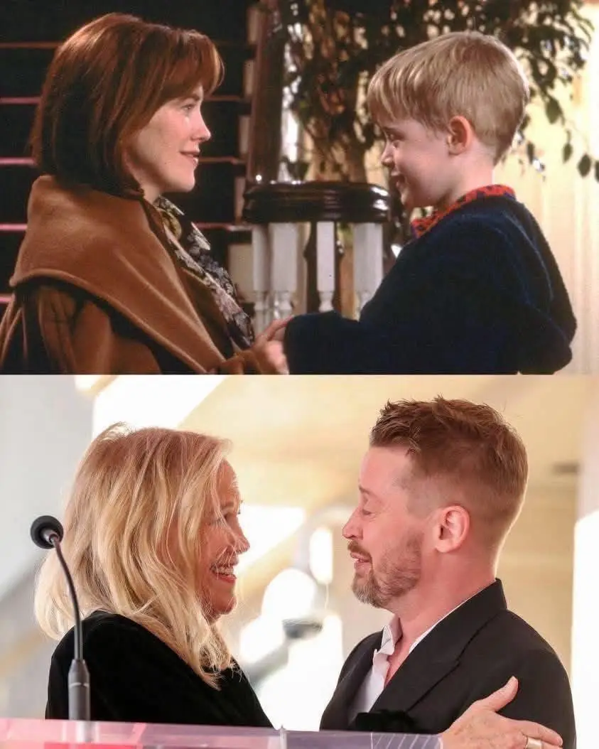 The top panel shows a woman in a brown coat smiling warmly at a young boy in a blue sweater, who is also smiling back at…