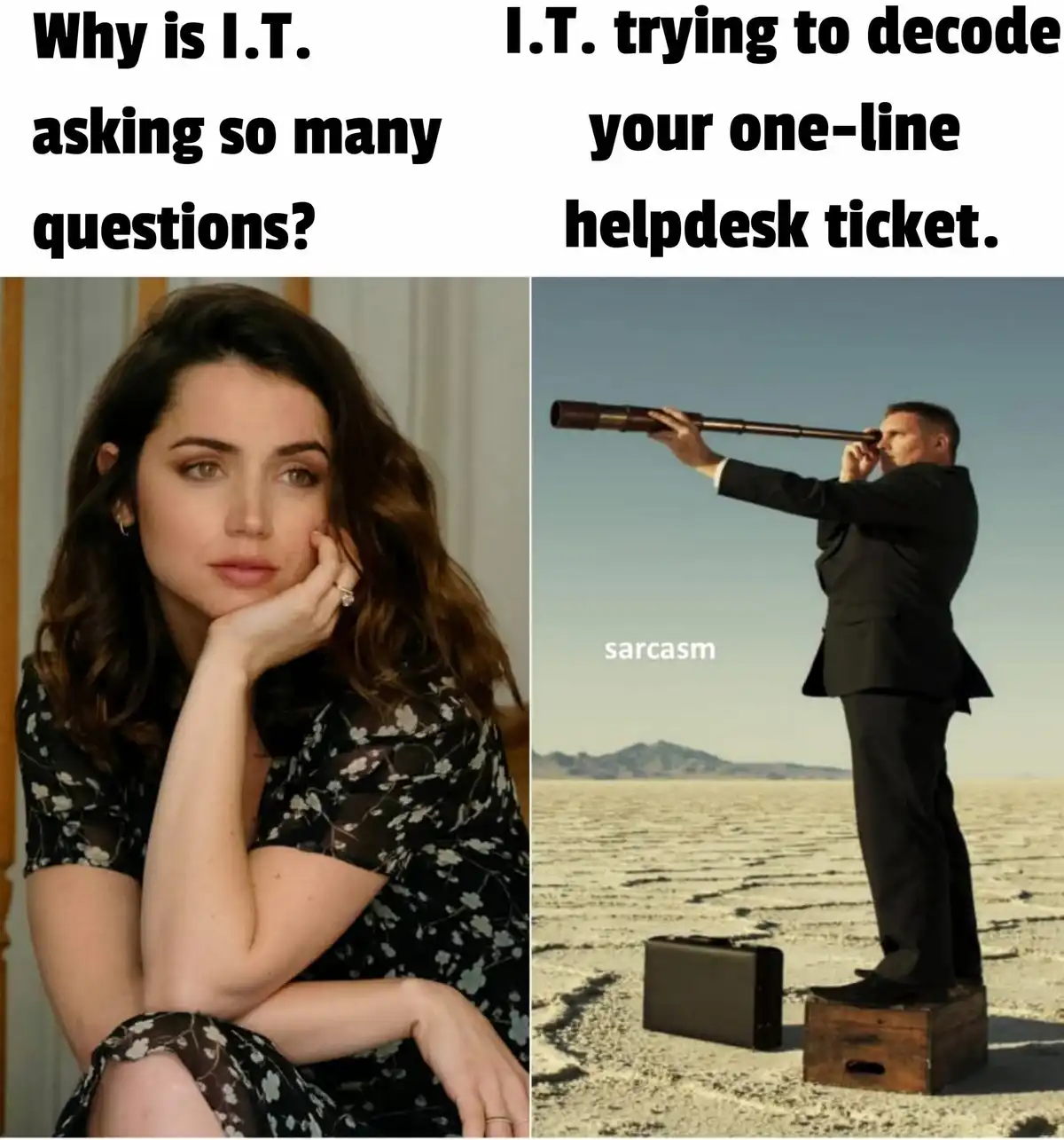 The image is split into two panels. The left panel shows a woman with a bored, exasperated expression, resting her chin on…