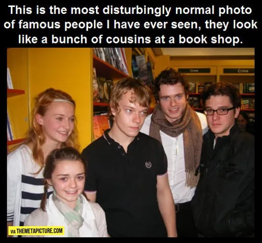 A group of five young people, including actors like Emma Watson and Tom Felton, are photographed together in a bookstore…