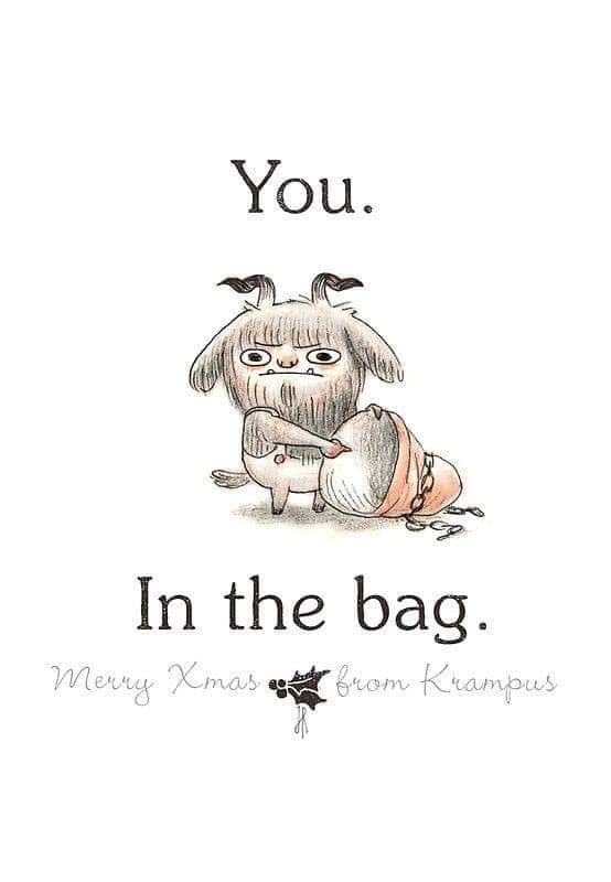 A cartoon Krampus with a grumpy expression is shown holding a sack, with the text 'You.' above and 'In the bag.' below…
