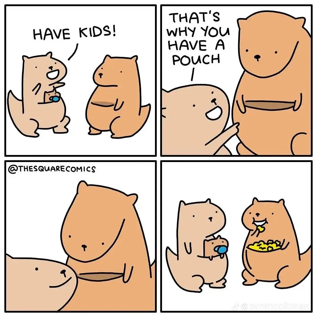 A four-panel comic strip featuring cartoon wombats. In the first panel, one wombat excitedly tells another 'HAVE KIDS!'…