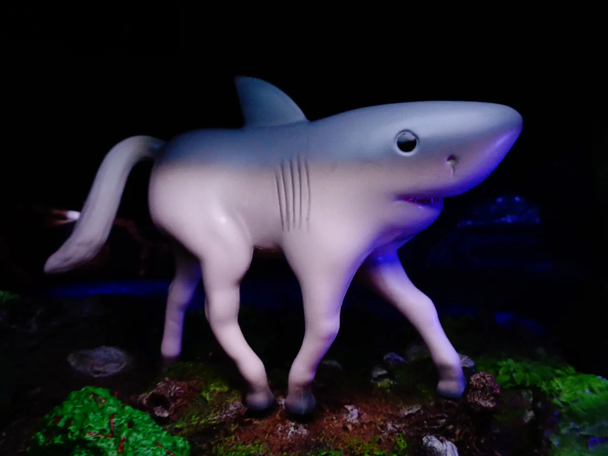 A plastic toy figure with the head and dorsal fin of a shark and the body, legs, and tail of a pony, standing on mossy…
