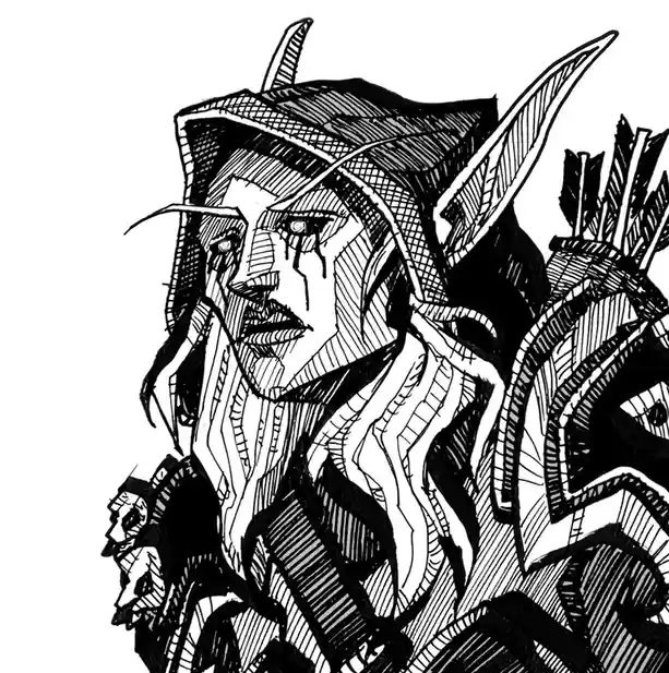 A black-and-white sketch depicts a character with pointed ears, a hat, and a distressed expression, tears streaming down…