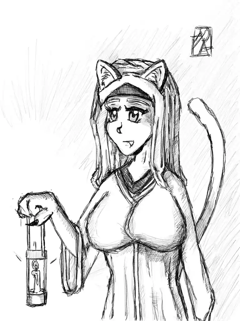 A black-and-white sketch shows an anime-style female character with cat ears and a tail, wearing a headband and a revealing…