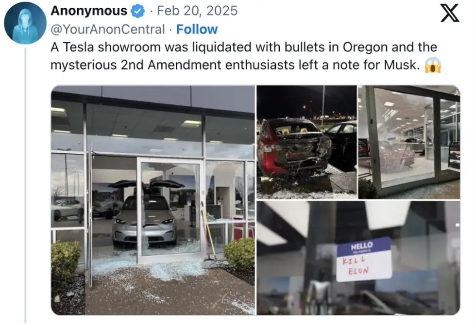 A collage of images shows a shattered glass entrance of a Tesla showroom, a damaged red car outside, and a close-up of a…