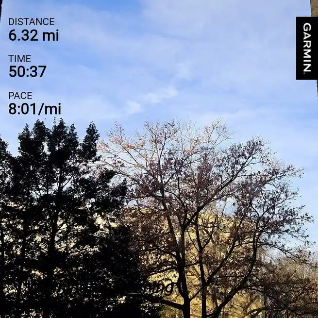 A fitness tracker screenshot from a Garmin device overlays workout stats — 6.32 miles distance, 50:37 time, and 8:01 pace…