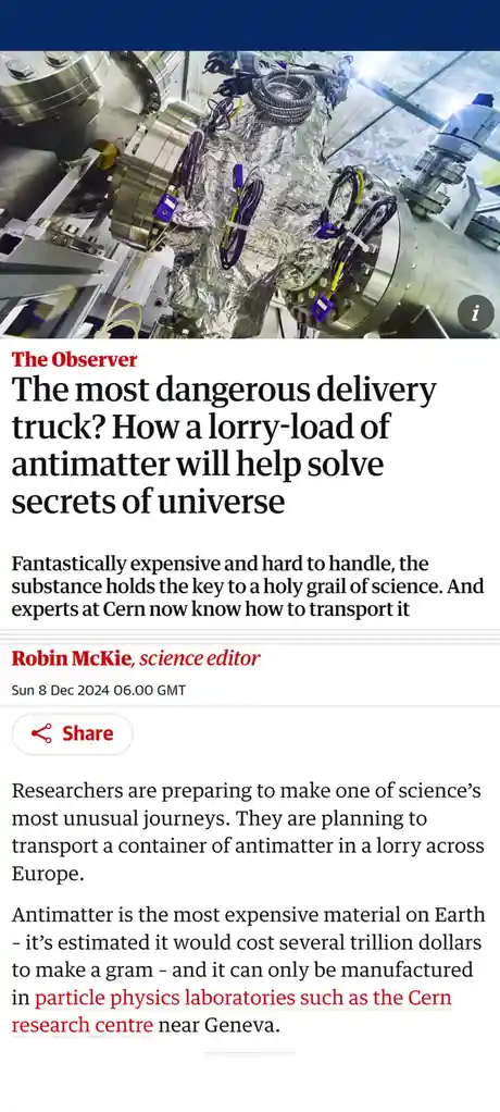 An image of a complex scientific apparatus, likely from CERN, is overlaid with a newspaper article headline from The…
