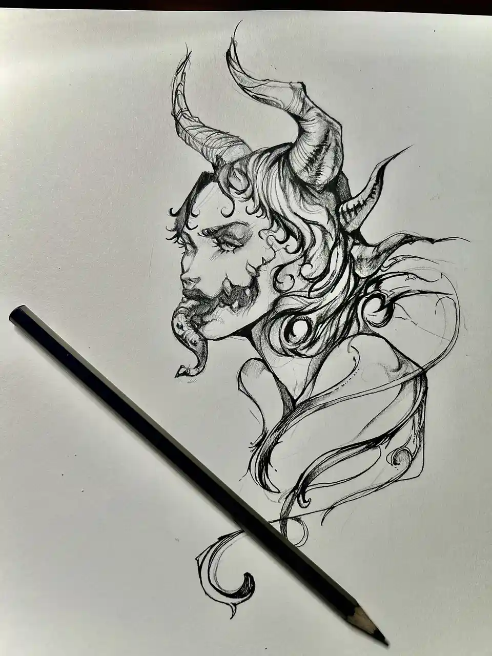 A black-and-white pencil sketch on white paper depicts a stylized demonic female figure with large curved horns, flowing…