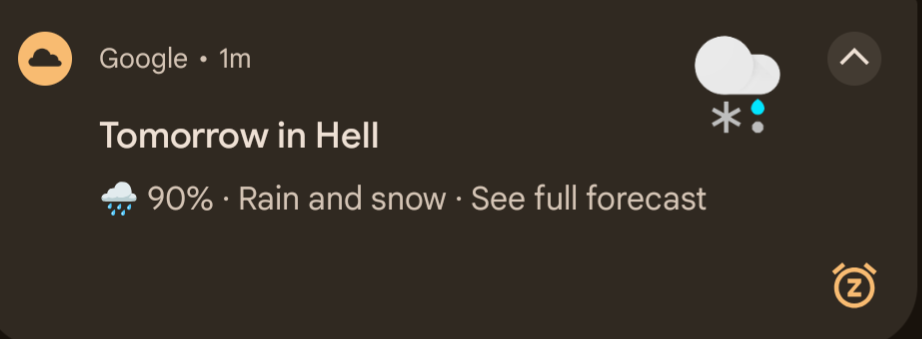 A screenshot of a Google weather widget showing a dark theme, with the title 'Tomorrow in Hell' overlaid on the forecast…