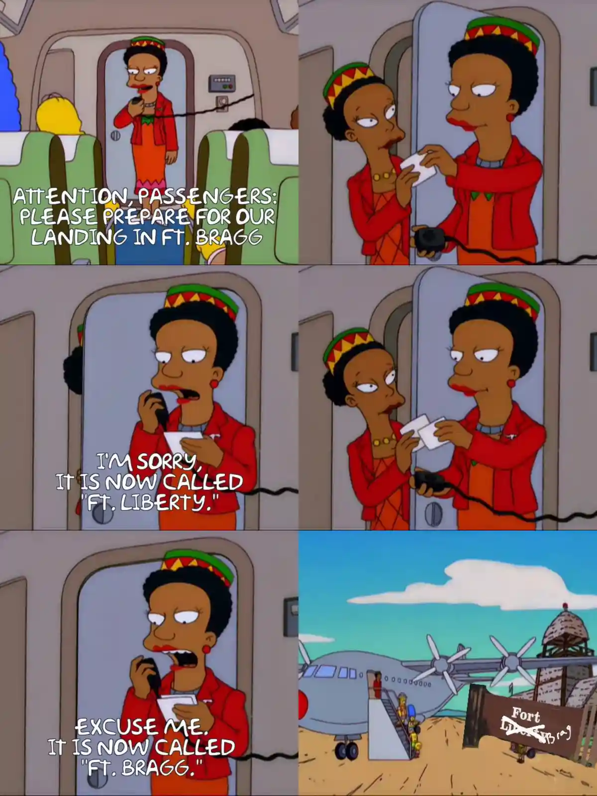 A four-panel Simpsons meme featuring a flight attendant in a red jacket and patterned hat. She announces the plane's landing…