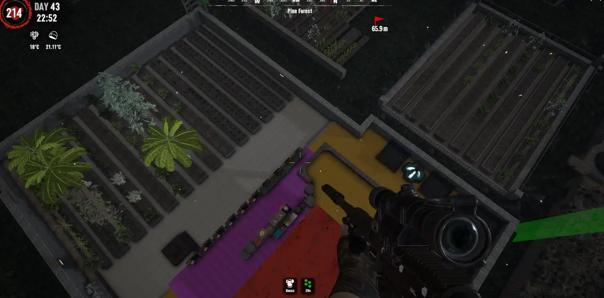 A first-person shooter game screenshot showing a player holding a scoped rifle, overlooking a colorful, oddly arranged…