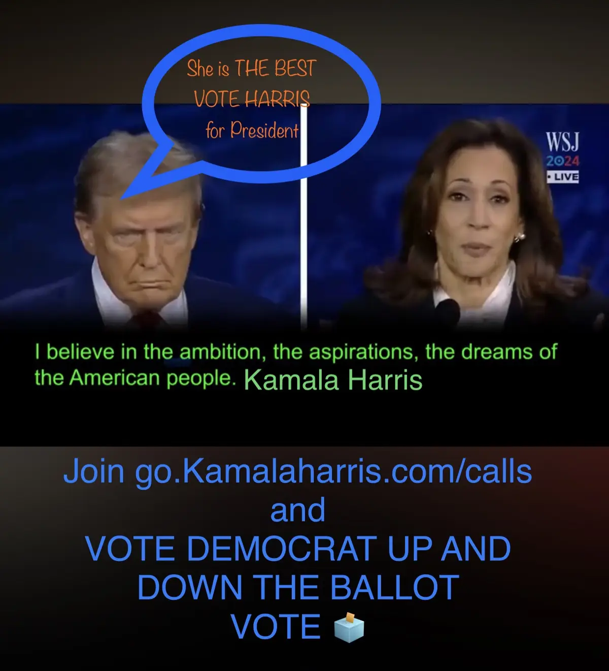 The image shows Donald Trump looking downcast on the left and Kamala Harris speaking on the right, with a blue speech bubble…