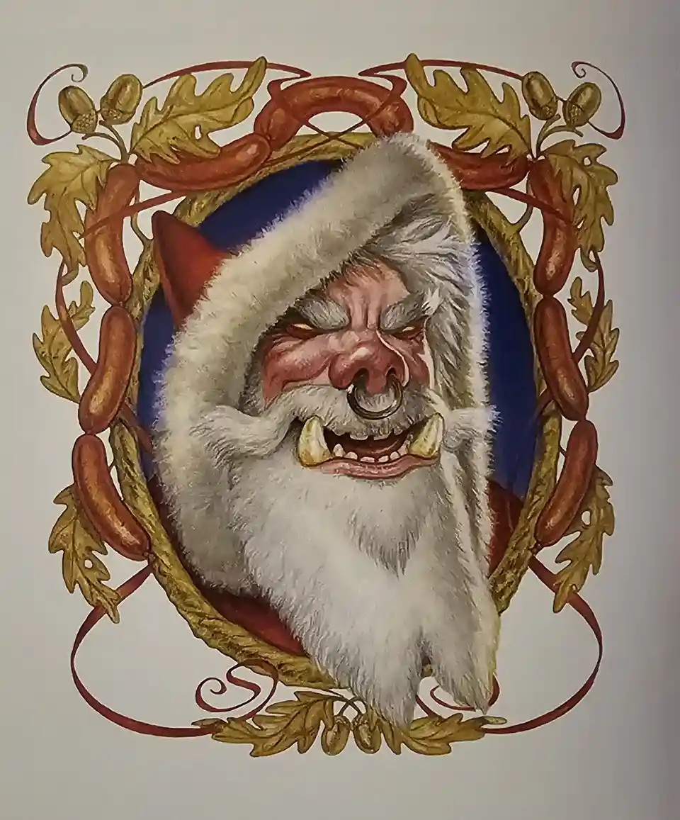 A grotesque, demonic-looking Santa Claus with a snarling face, fangs, and a nose ring, framed by ornate golden laurel…