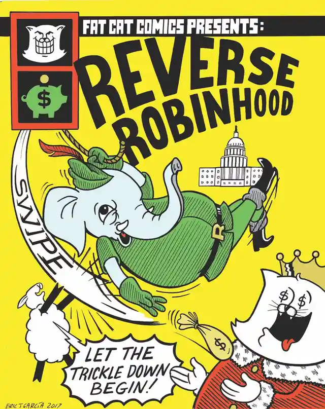 A cartoon comic book cover titled 'REVERSE ROBINHOOD' by Fat Cat Comics shows a smiling elephant in green Robin Hood attire…