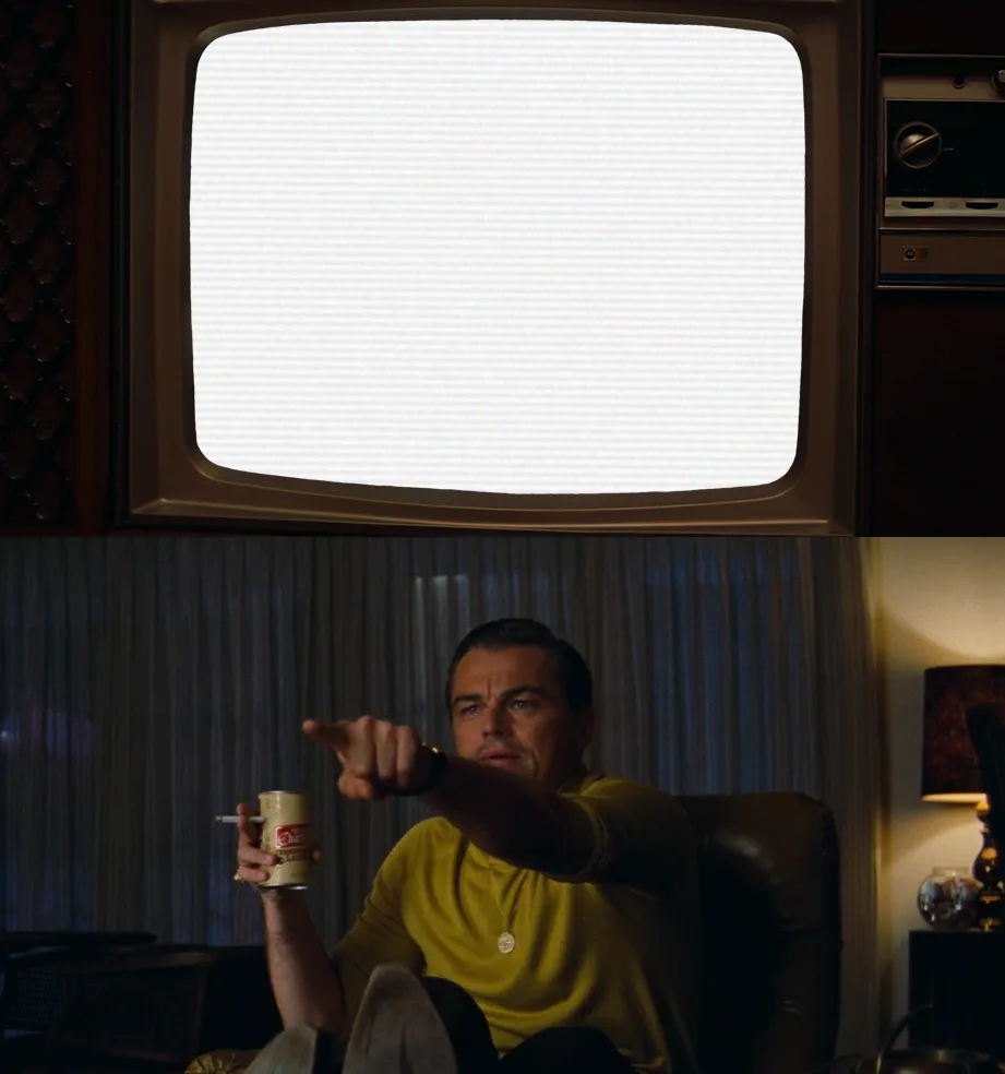 A split image shows a vintage TV with static noise on top, and below, Leonardo DiCaprio in a yellow shirt pointing angrily…