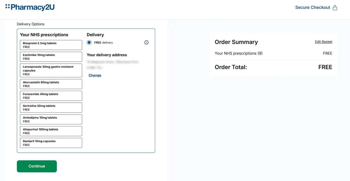 A screenshot of a Pharmacy2U website checkout page showing nine NHS prescription items listed with 'FREE' next to each, and…