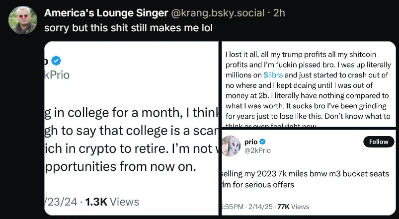 A screenshot of a Twitter thread shows a user lamenting losing all their crypto profits and wealth, including millions on…