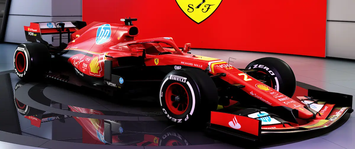 A red Ferrari Formula 1 race car, adorned with sponsor logos like HP, Shell, and Pirelli, is displayed on a reflective…
