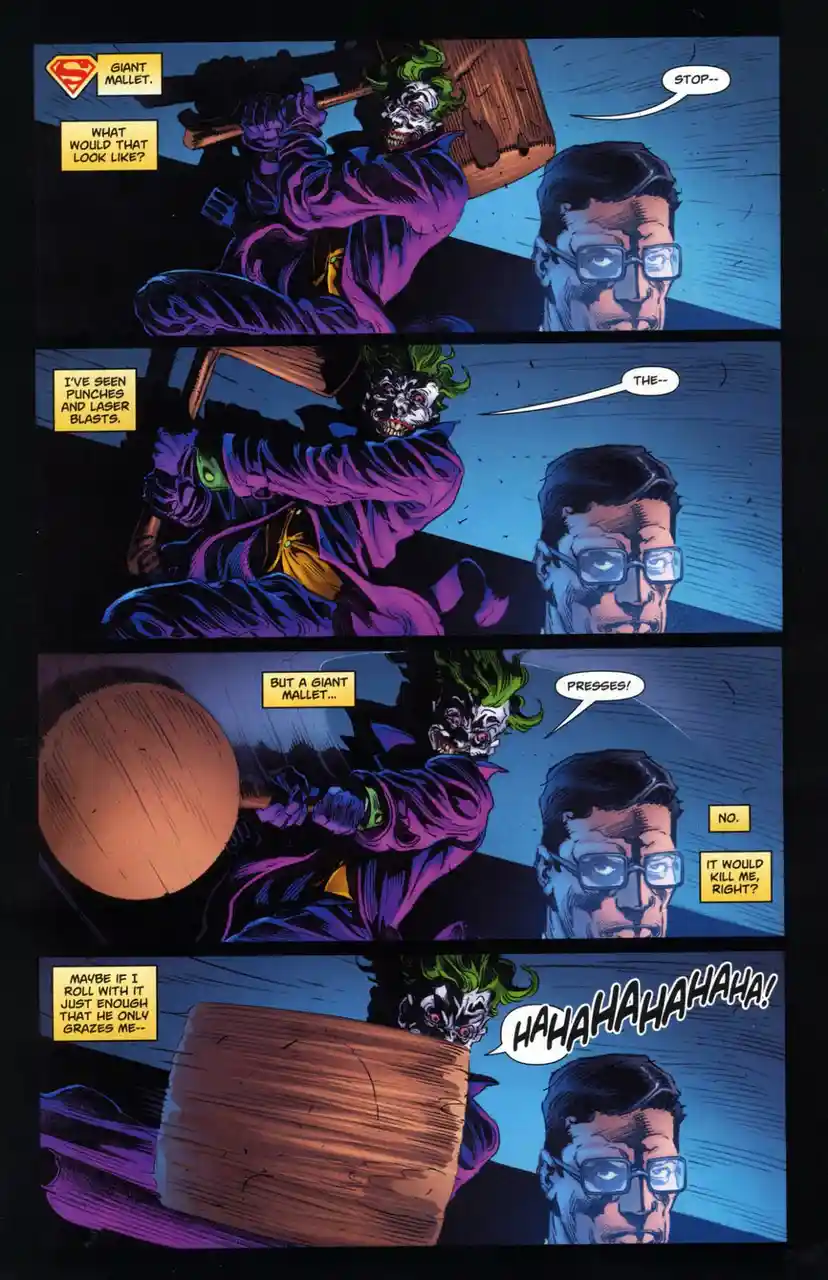 A four-panel comic strip shows the Joker wielding a giant wooden mallet while confronting a man in glasses. The Joker asks…