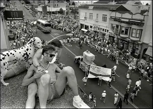 A Nostalgic Rooftop View: Celebrating the 20th Anniversary of San Francisco Pride Parade with a Furry Friend, Castro Street, 1989