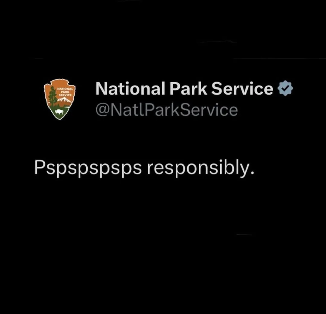 A screenshot of a National Park Service Twitter account shows their official logo and handle, with overlaid text reading…