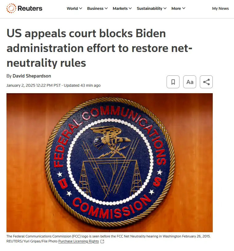 A Reuters news article screenshot shows the Federal Communications Commission (FCC) seal on a wooden wall, with the headline…