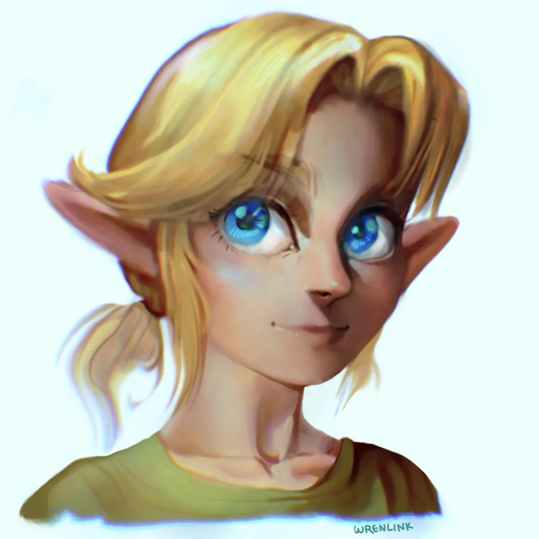 A digital painting of a young elf-like character with blonde hair, pointed ears, and large blue eyes, wearing a green shirt…