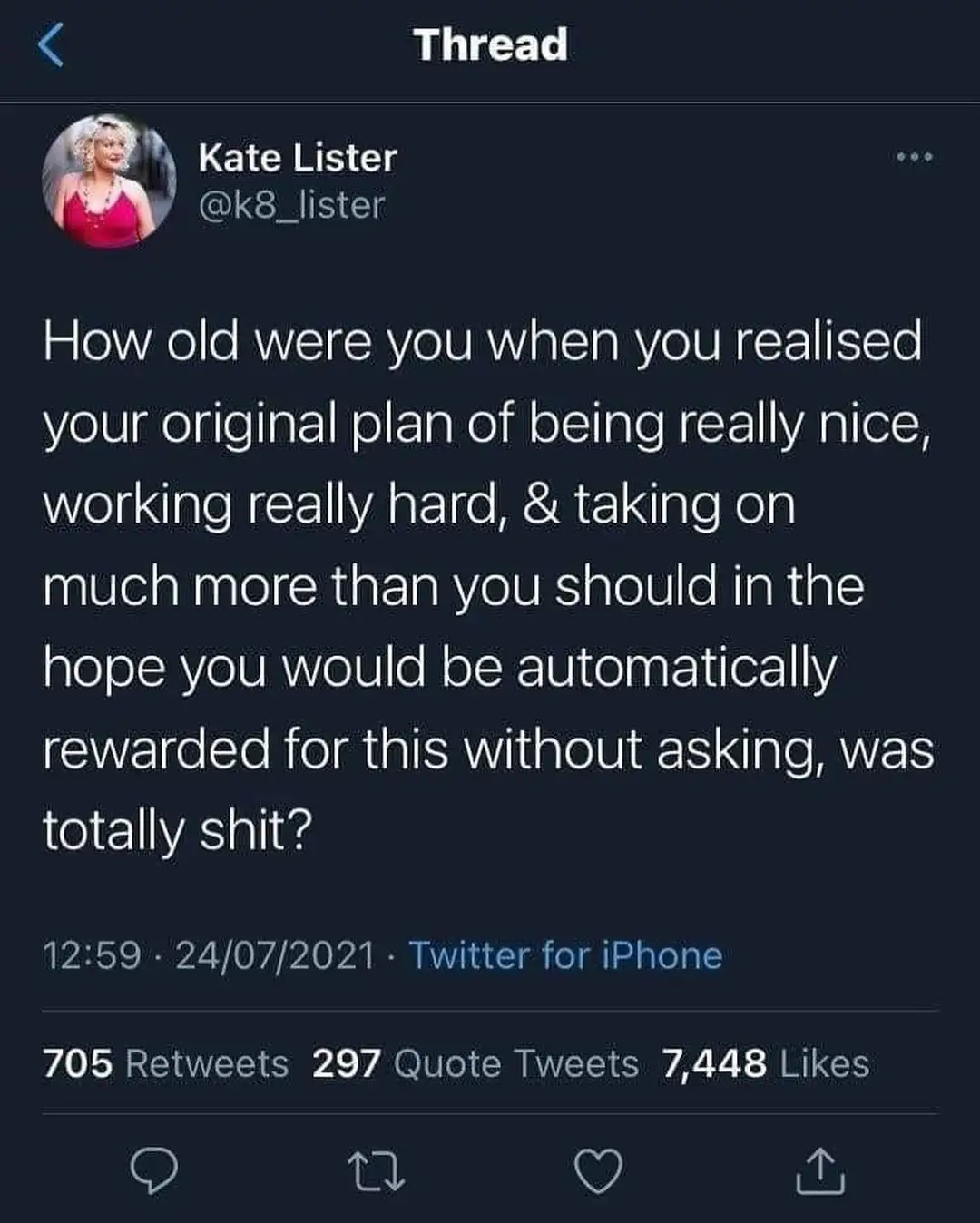 A screenshot of a Twitter thread by Kate Lister (@k8_lister) from July 24, 2021, asking when people realized that being…