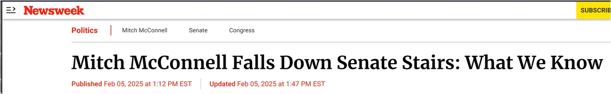 A screenshot of a Newsweek article header with the headline 'Mitch McConnell Falls Down Senate Stairs: What We Know'…