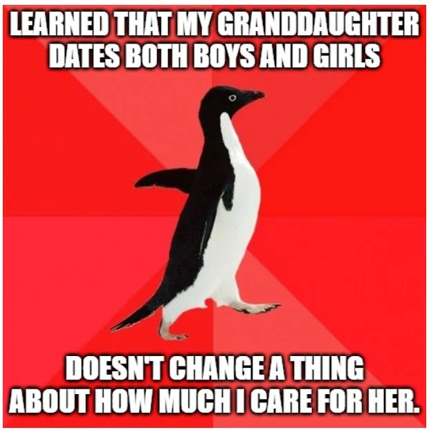 A black-and-white penguin stands against a red background with white text overlaid. The top text reads 'LEARNED THAT MY…