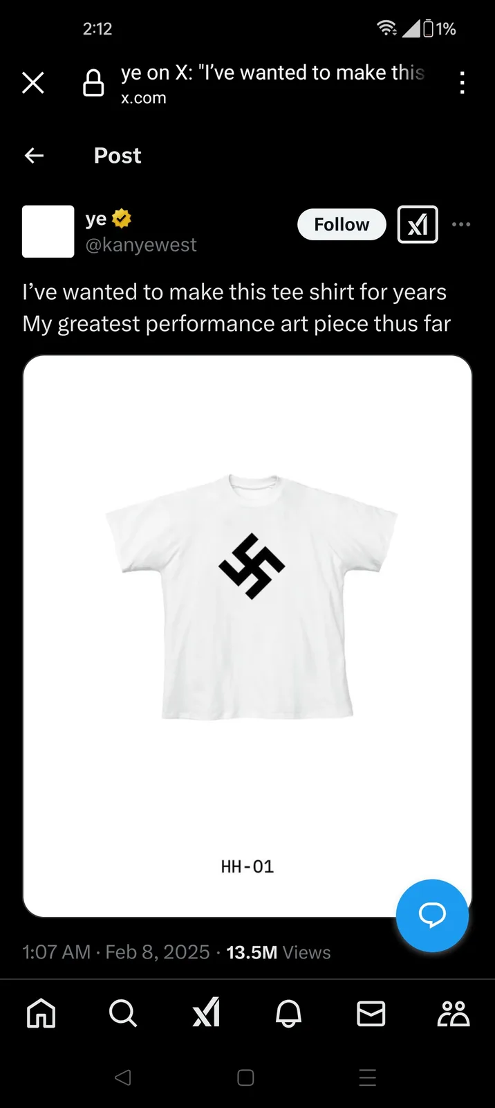 A screenshot of a social media post by Kanye West showing a white t-shirt with a black swastika printed on the front. The…