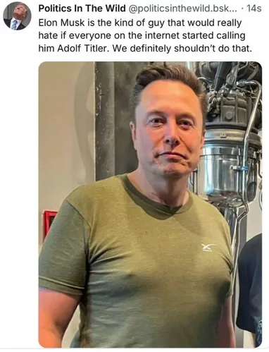 A screenshot of a tweet from 'Politics In The Wild' showing a photo of Elon Musk in a green t-shirt standing in front of…