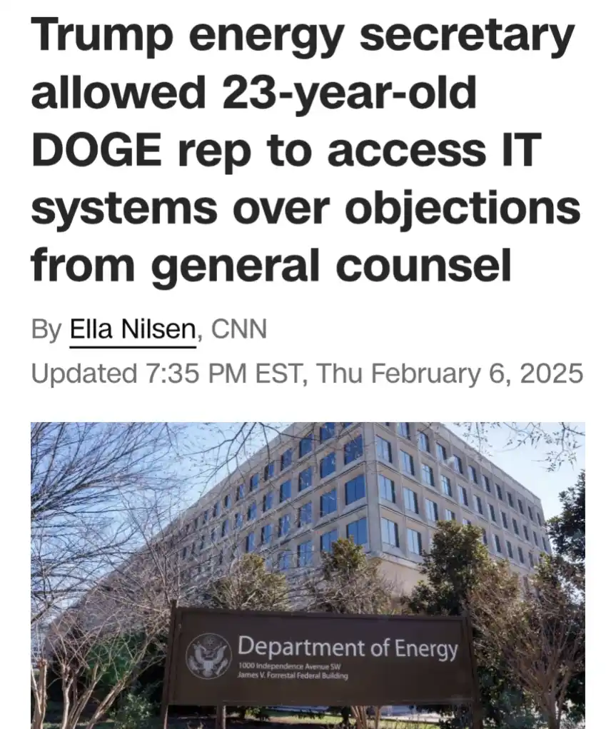 A screenshot of a CNN news article from February 6, 2025, featuring a photo of the Department of Energy building. The…