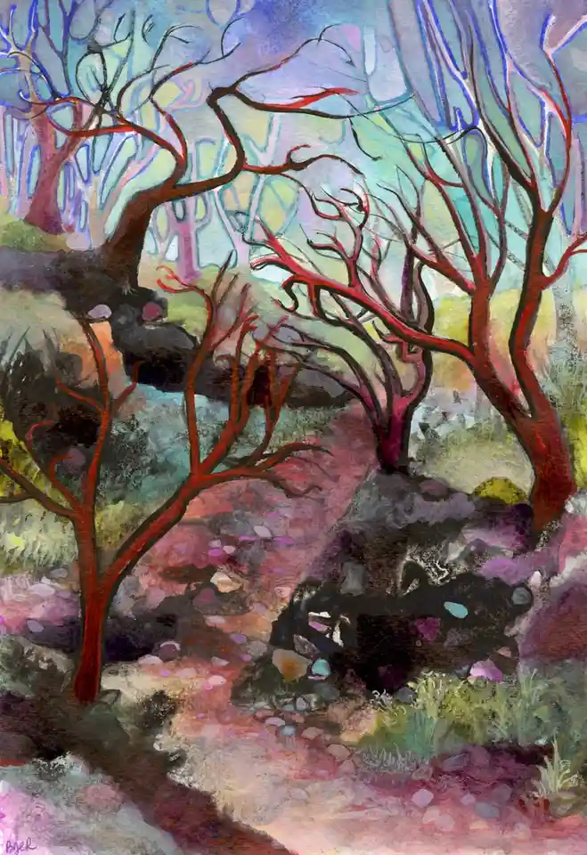 An abstract, colorful painting depicts a surreal forest with bare, red-barked trees and twisted branches against a…