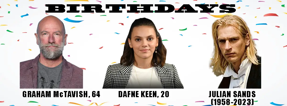 A celebratory image with confetti background and three headshots: Graham McTavish (64), Dafne Keen (20), and Julian Sands…