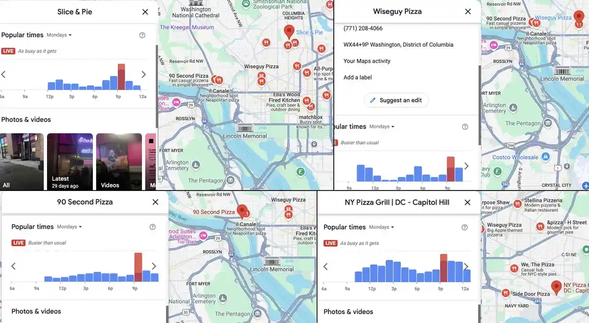 A collage of Google Maps business info cards for several Washington, D.C. pizza places, including Slice & Pie, Wiseguy…