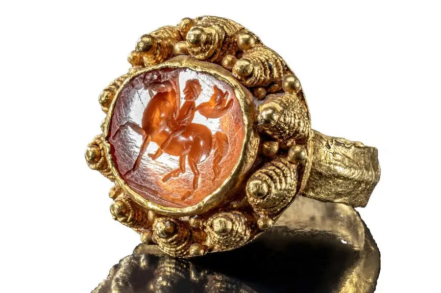 A close-up photograph of an ornate gold ring with a carved carnelian stone set in its center. The stone depicts a detailed…