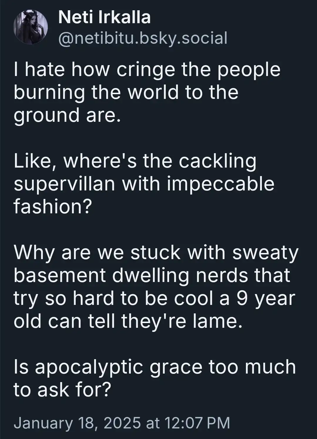 A screenshot of a social media post by Neti Irkalla, featuring white text on a dark background. The post expresses…