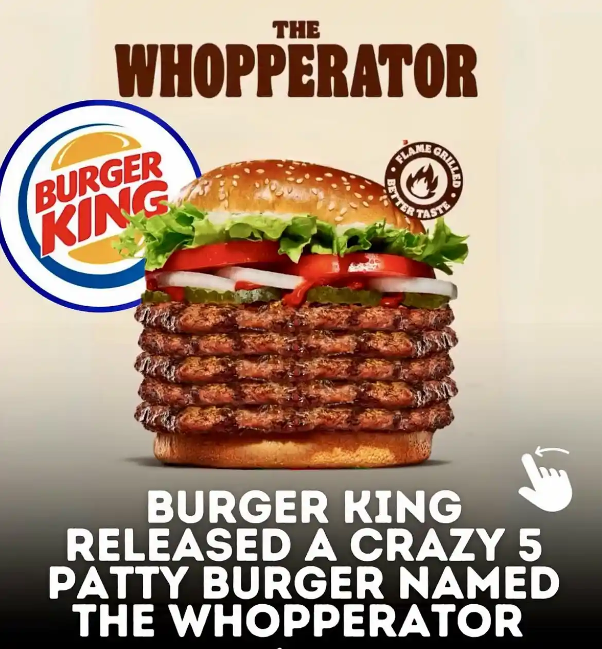 A heavily edited Burger King advertisement features a burger with five stacked beef patties, lettuce, tomato, onion, and…