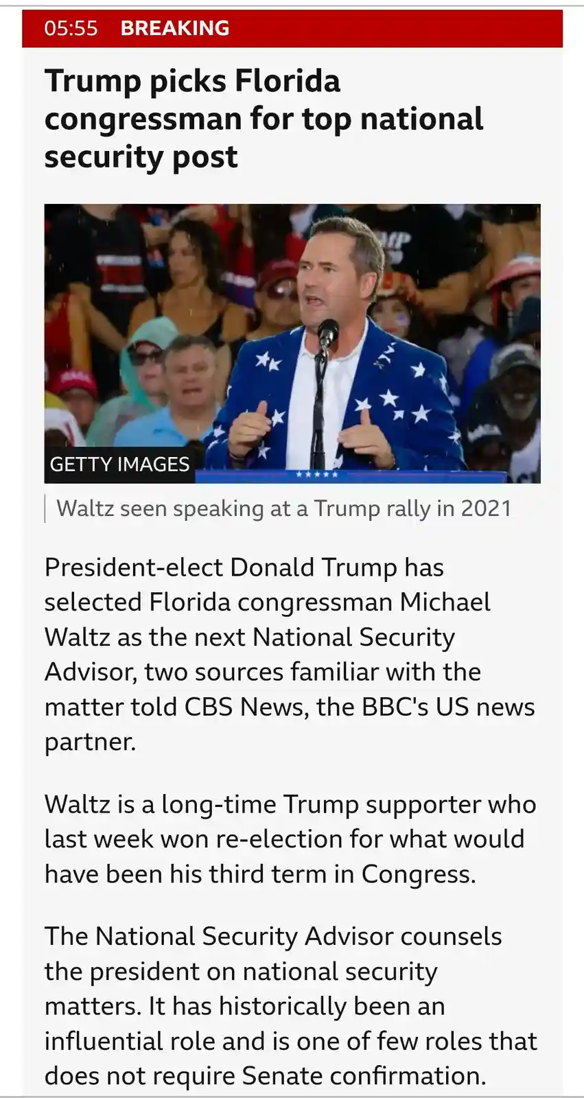 A screenshot of a news article with a red 'BREAKING' banner at the top. The headline reads 'Trump picks Florida congressman…