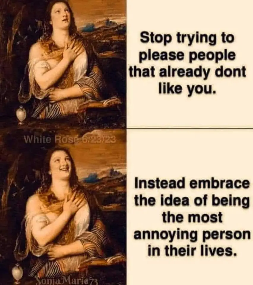 The image is a two-panel meme using the same classical painting of a woman in a white dress with one hand on her chest…