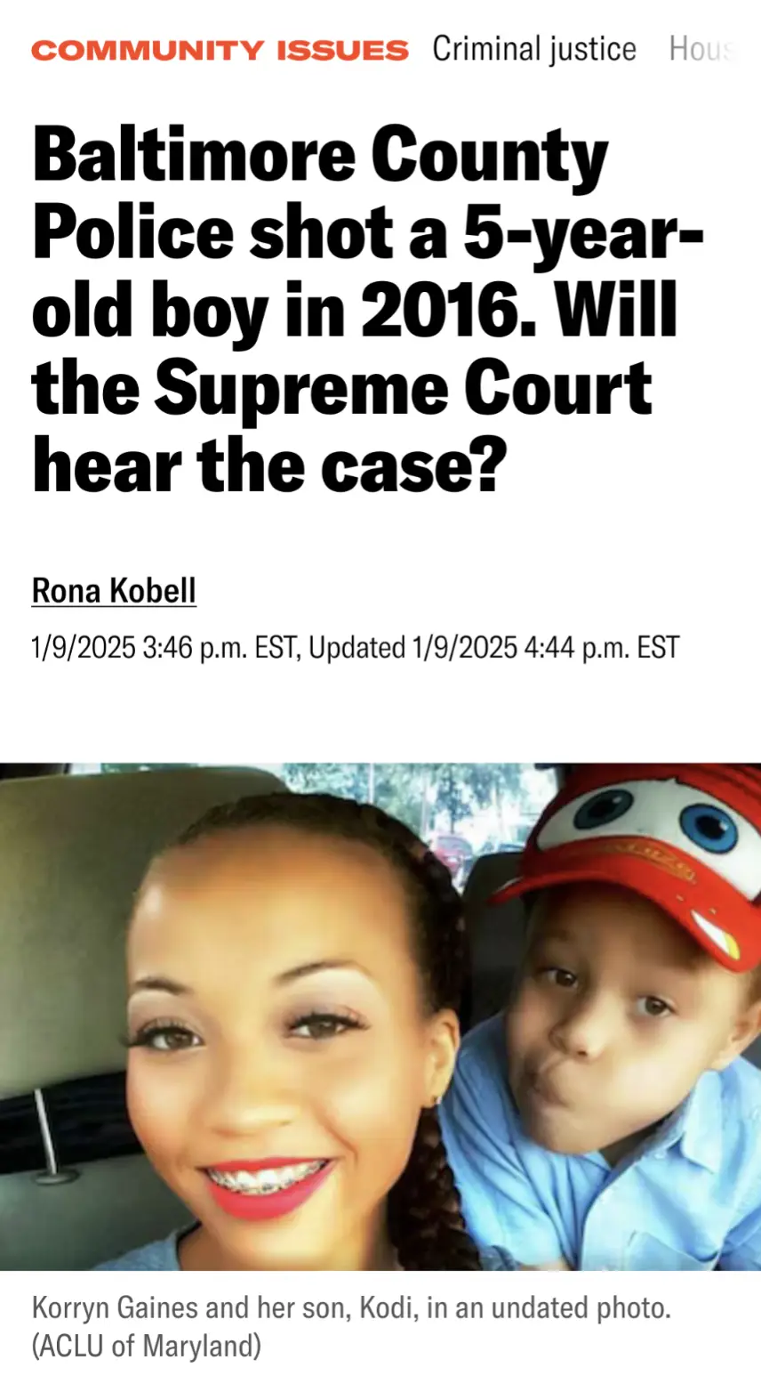 A screenshot of a news article with a headline about Baltimore County police shooting a 5-year-old boy in 2016 and the…