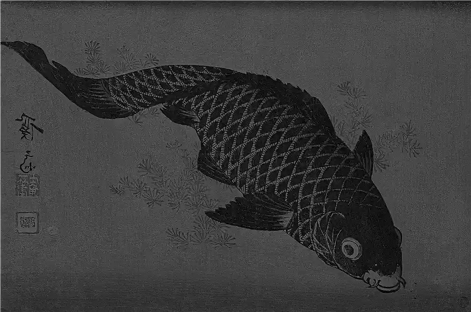 A black-and-white traditional Japanese woodblock print of a koi fish swimming diagonally across the frame, surrounded by…