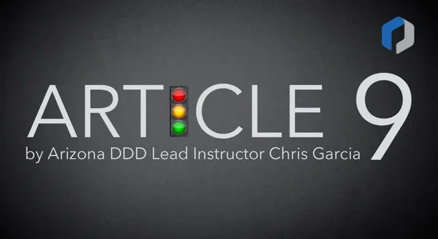 A dark gray background features the text 'ARTICLE 9' in large white letters, with a traffic light icon replacing the letter…