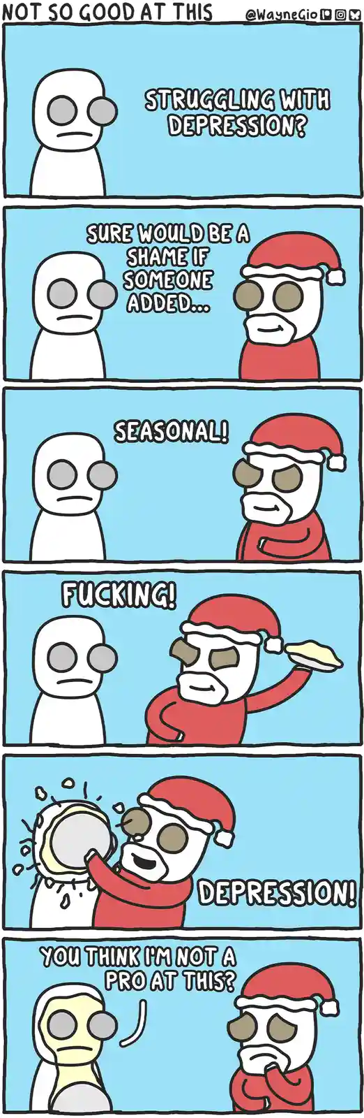 A five-panel comic shows a white stick figure talking to a Santa-clad figure. The Santa figure suggests adding 'seasonal' to…
