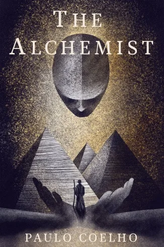 The image shows the book cover of 'The Alchemist' by Paulo Coelho, featuring a large, mysterious face hovering over pyramids…
